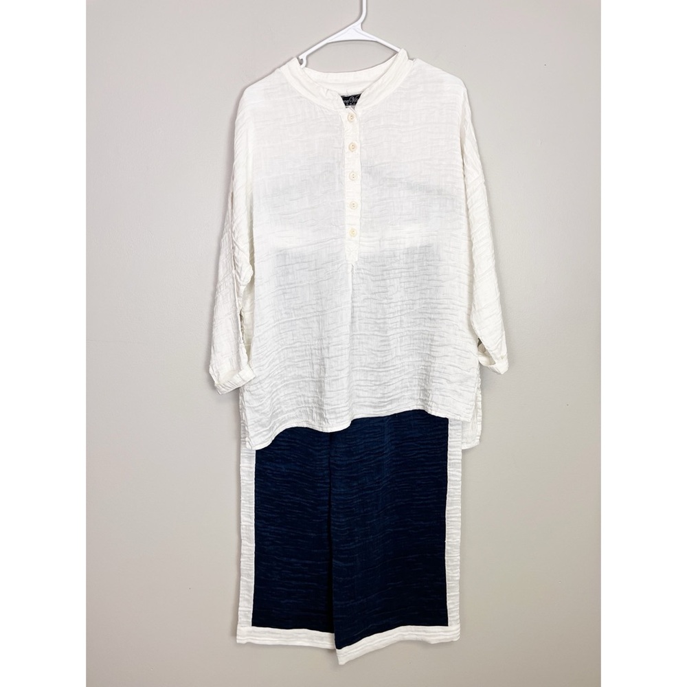Aurea Vita White and Navy Women's Silk Blend Tunic 2 Piece Set XS Small